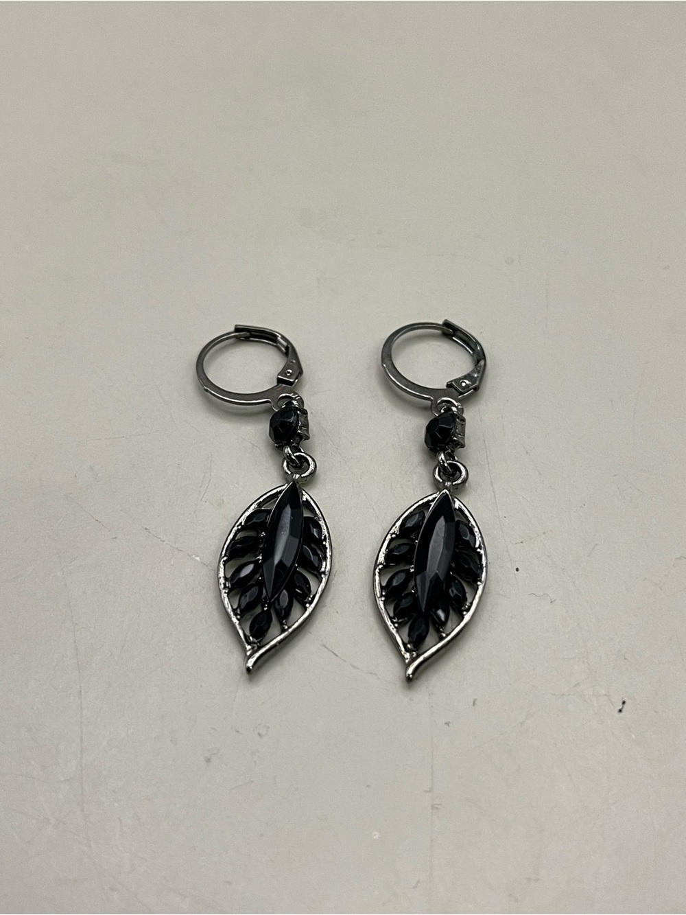 Y2K Gothic Black Rhinestone Leaf Dangle Earrings | Silver Tone Leverback Hoops - Picture 2 of 3
